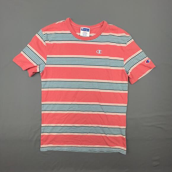 Champion Stripe Tee Coral Blue White Retro Skater Fit Small - Picture 1 of 6